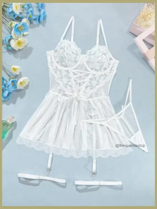 Mesh Lace Babydoll Lingerie Dress Set with Garter Belt and Thong - Picture 5 of 7